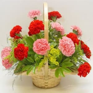 12 Red and Pink Carnations Basket